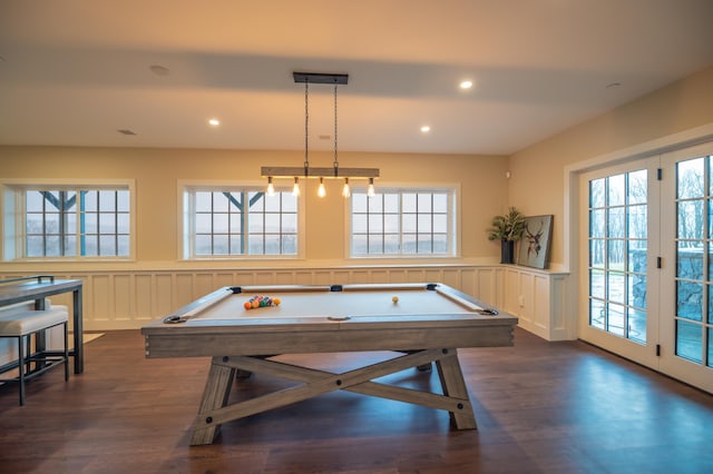 game room with dark hardwood / wood-style floors and pool table