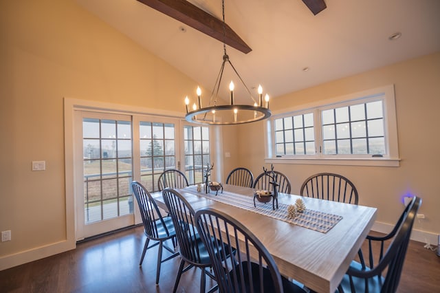 dining area featuring beamed ceiling, dark hardwood / wood-style flooring, high vaulted ceiling, and a notable chandelier