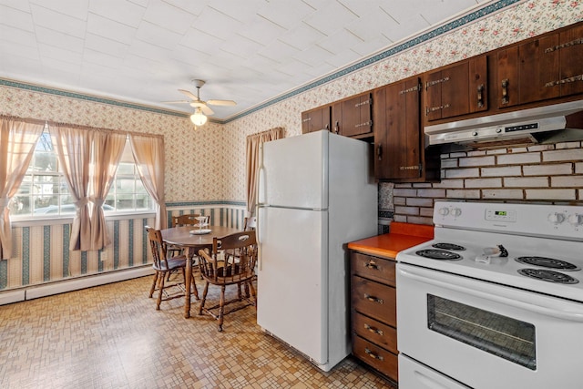 kitchen with ceiling fan, dark brown cabinets, white appliances, and a baseboard heating unit