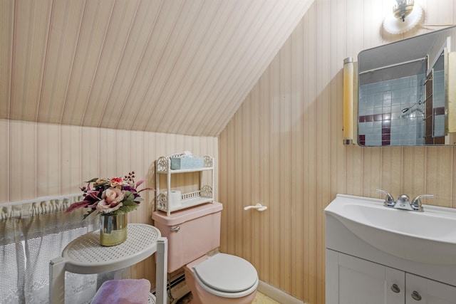 bathroom featuring vanity, toilet, and wooden walls