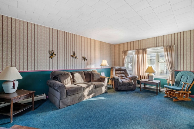 carpeted living room with a baseboard heating unit