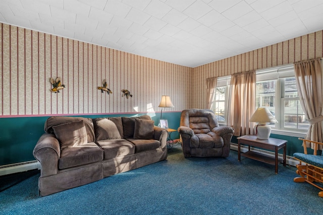 carpeted living room featuring a baseboard radiator