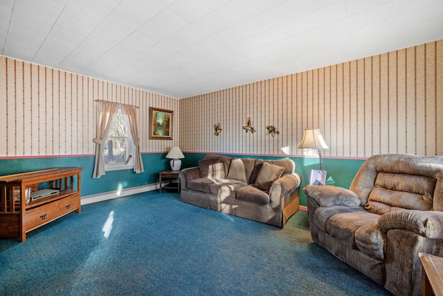 living room with carpet flooring and a baseboard radiator