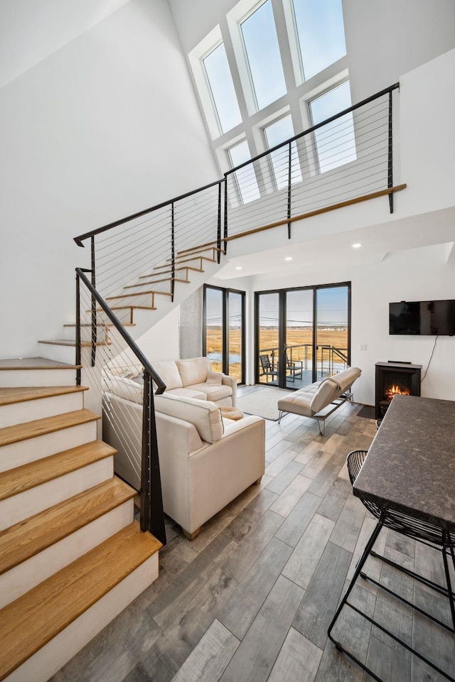 living room with a healthy amount of sunlight and a high ceiling