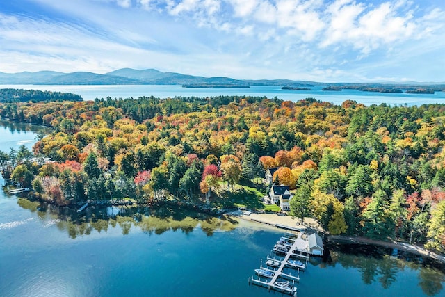 drone / aerial view with a water and mountain view