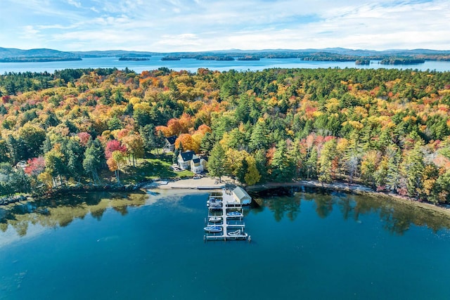 drone / aerial view featuring a water and mountain view