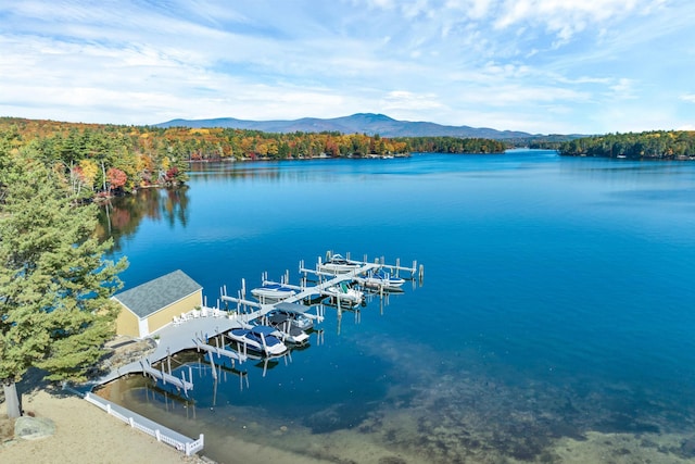 view of dock with a water and mountain view