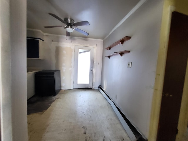 interior space featuring ceiling fan, ornamental molding, and a baseboard radiator