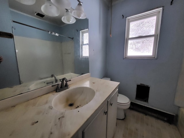 bathroom featuring hardwood / wood-style floors, vanity, and toilet