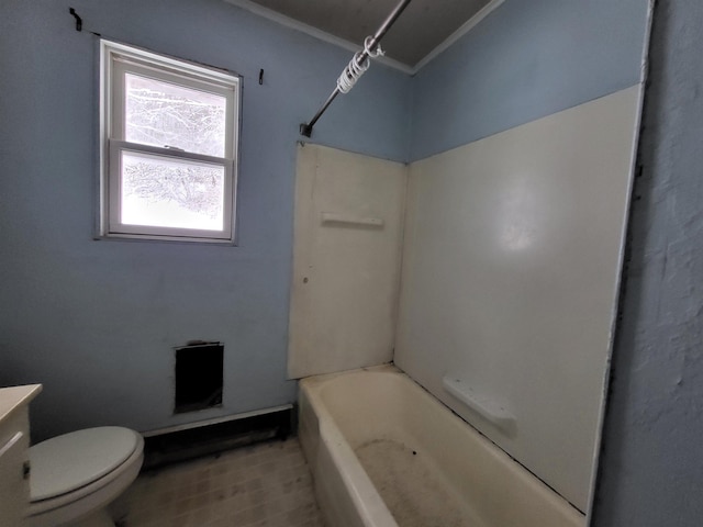 full bathroom with bathing tub / shower combination, vanity, ornamental molding, and toilet