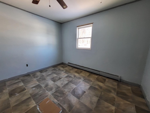 empty room with a baseboard radiator and ceiling fan