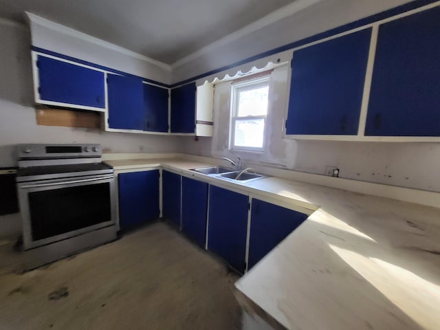 kitchen with blue cabinetry, sink, and stainless steel range with electric cooktop