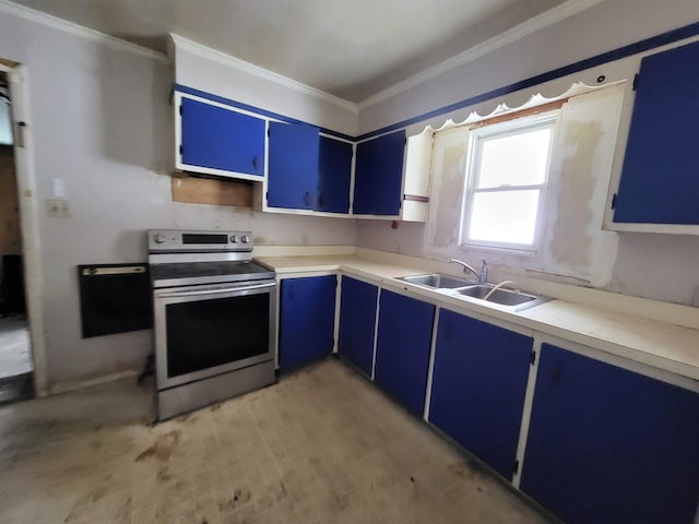 kitchen featuring electric range, blue cabinets, and sink