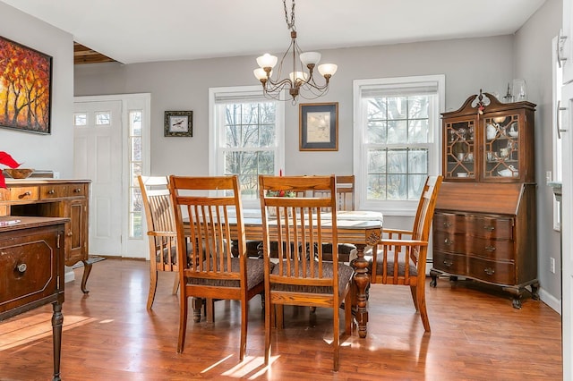 dining room featuring hardwood / wood-style flooring, plenty of natural light, and a chandelier