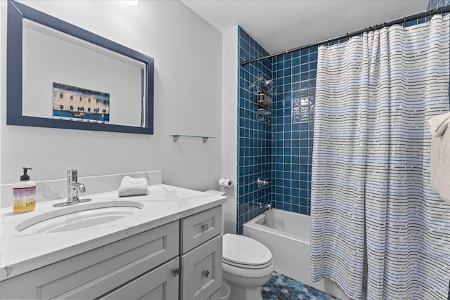 full bathroom with shower / bath combo, vanity, and toilet