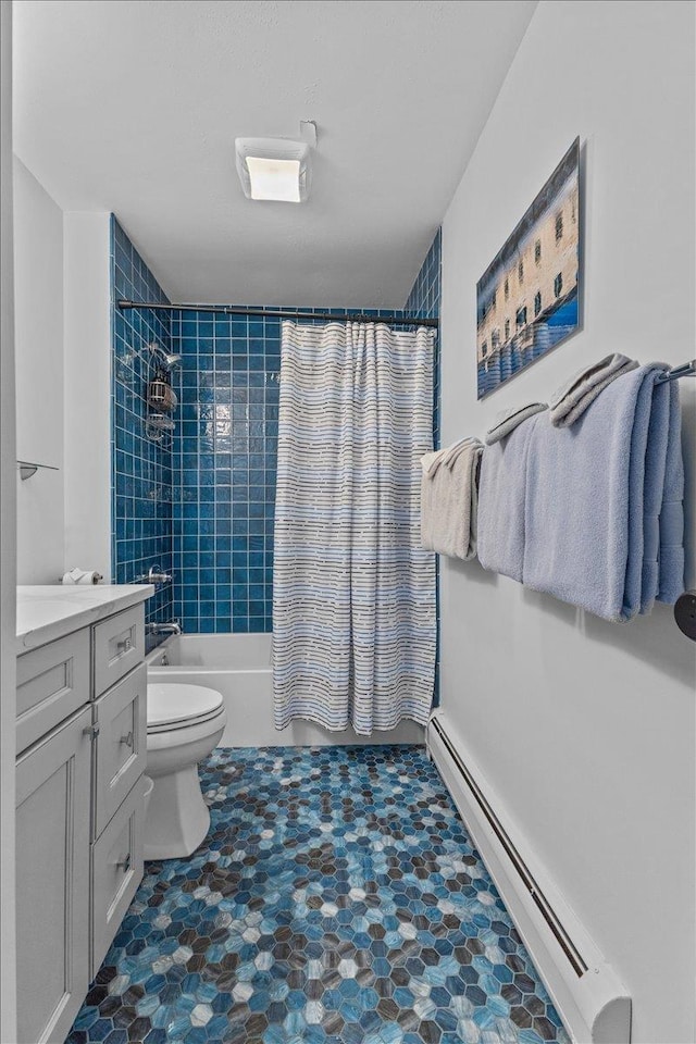 full bathroom featuring shower / bath combo, toilet, baseboard heating, and vanity