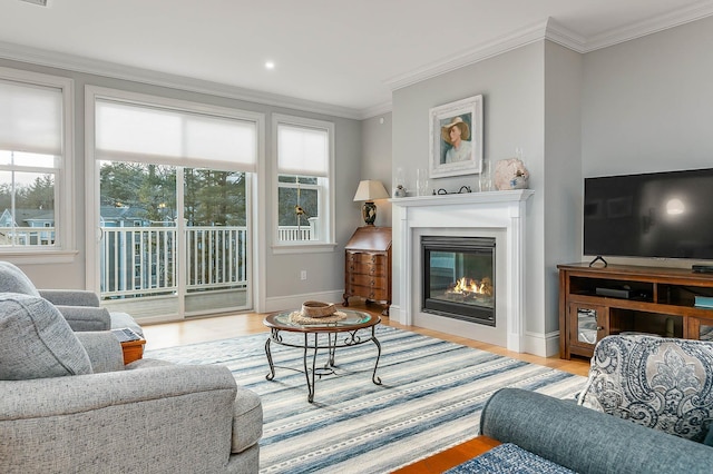 living room featuring ornamental molding, a healthy amount of sunlight, and light wood-type flooring