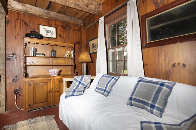 61 Crosby Rd, Topsham, VT 05076 - bedroom featuring beam ceiling, wood ceiling, and wooden walls