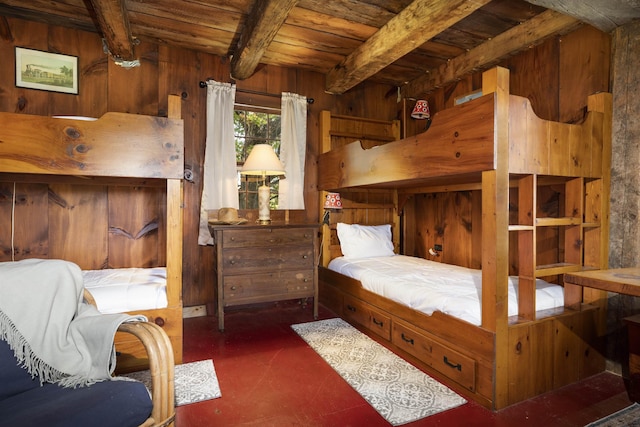 61 Crosby Rd, Topsham, VT 05076 - bedroom with beam ceiling, wooden ceiling, and wood walls