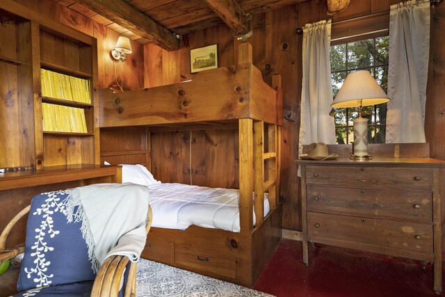 61 Crosby Rd, Topsham, VT 05076 - bedroom with beam ceiling, wooden ceiling, and wood walls