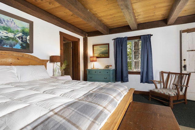 61 Crosby Rd, Topsham, VT 05076 - bedroom featuring carpet flooring, beam ceiling, and wooden ceiling
