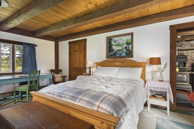 61 Crosby Rd, Topsham, VT 05076 - bedroom featuring carpet flooring, beam ceiling, and wooden ceiling