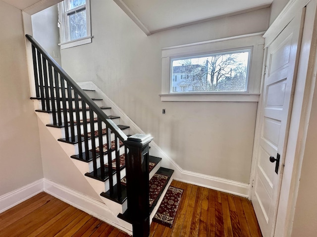 stairway with wood-type flooring and ornamental molding