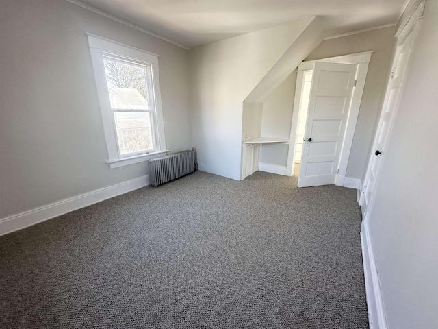 bonus room with radiator heating unit and carpet floors