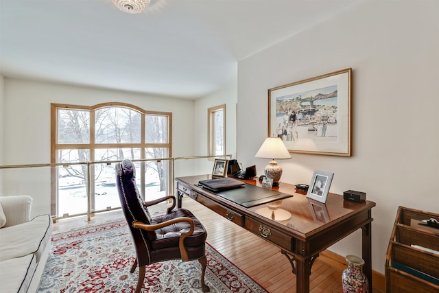 home office with hardwood / wood-style floors