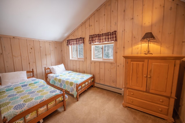 bedroom featuring light carpet, baseboard heating, lofted ceiling, and wood walls