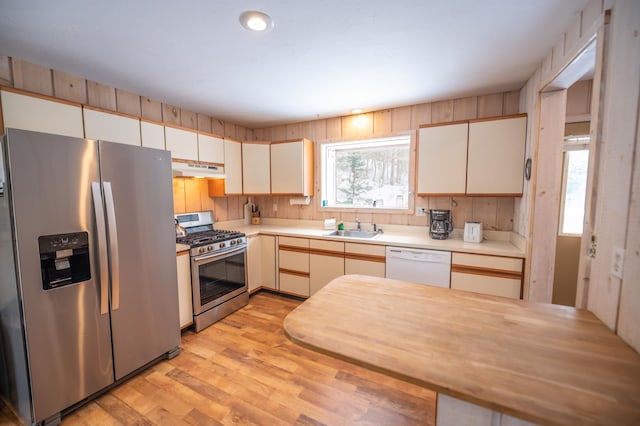 kitchen with sink, plenty of natural light, light hardwood / wood-style floors, and appliances with stainless steel finishes