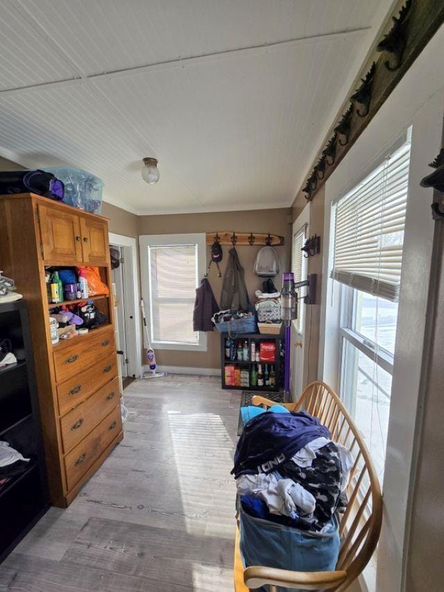 interior space with light wood-type flooring and crown molding