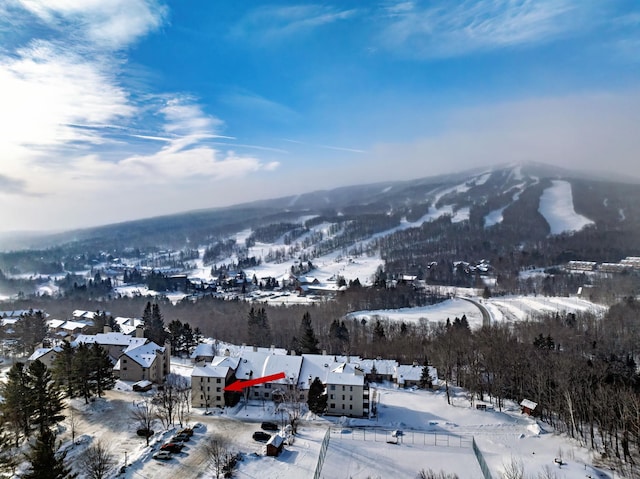 snowy aerial view with a mountain view