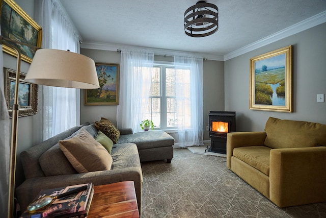 sitting room with a wood stove, carpet floors, a textured ceiling, and ornamental molding