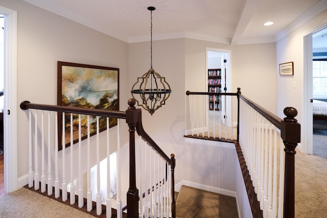 stairway featuring beam ceiling, carpet floors, crown molding, and a chandelier