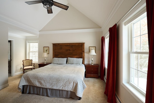 carpeted bedroom featuring ceiling fan, a baseboard radiator, and lofted ceiling