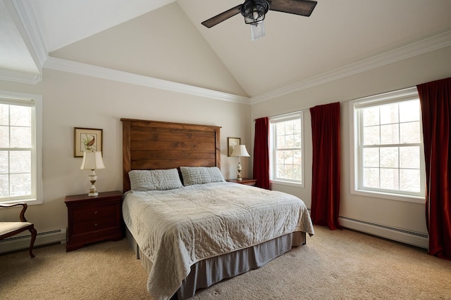 bedroom featuring ceiling fan, ornamental molding, light carpet, and a baseboard radiator