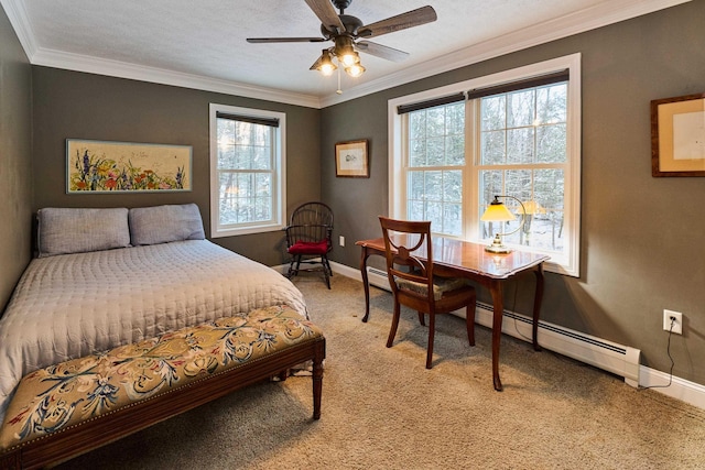 carpeted bedroom featuring ceiling fan, crown molding, and multiple windows