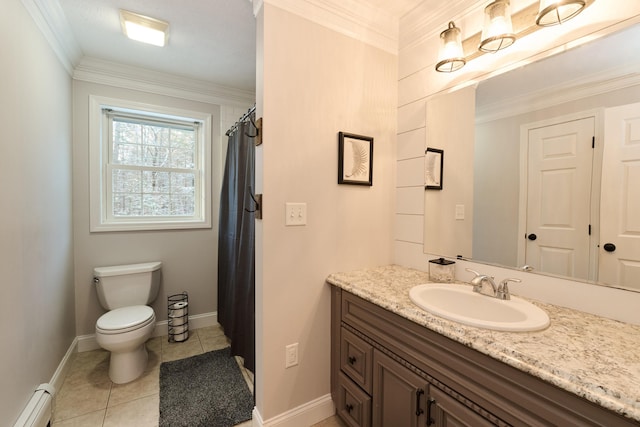 bathroom featuring vanity, a baseboard radiator, tile patterned floors, and ornamental molding