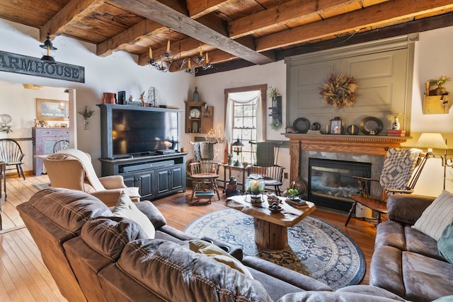 living room with beamed ceiling, light hardwood / wood-style floors, and wooden ceiling