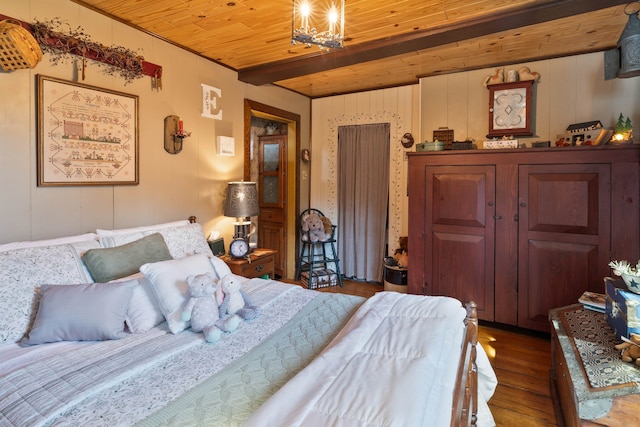 bedroom with dark hardwood / wood-style flooring and wood ceiling