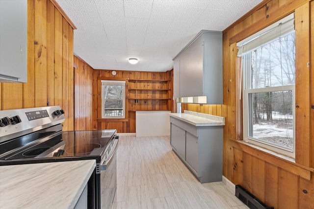 kitchen with stainless steel electric range, gray cabinets, and wooden walls