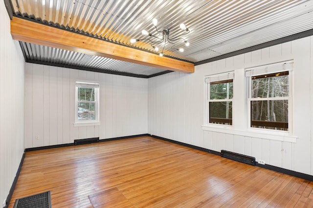 spare room featuring beamed ceiling, hardwood / wood-style flooring, and wood walls