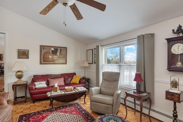 living room featuring lofted ceiling, ceiling fan, light parquet floors, and a baseboard radiator