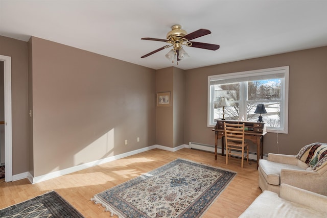 office space featuring ceiling fan, light hardwood / wood-style flooring, and a baseboard radiator