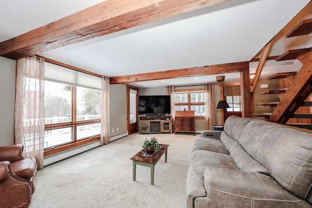 carpeted living room with baseboard heating and beamed ceiling