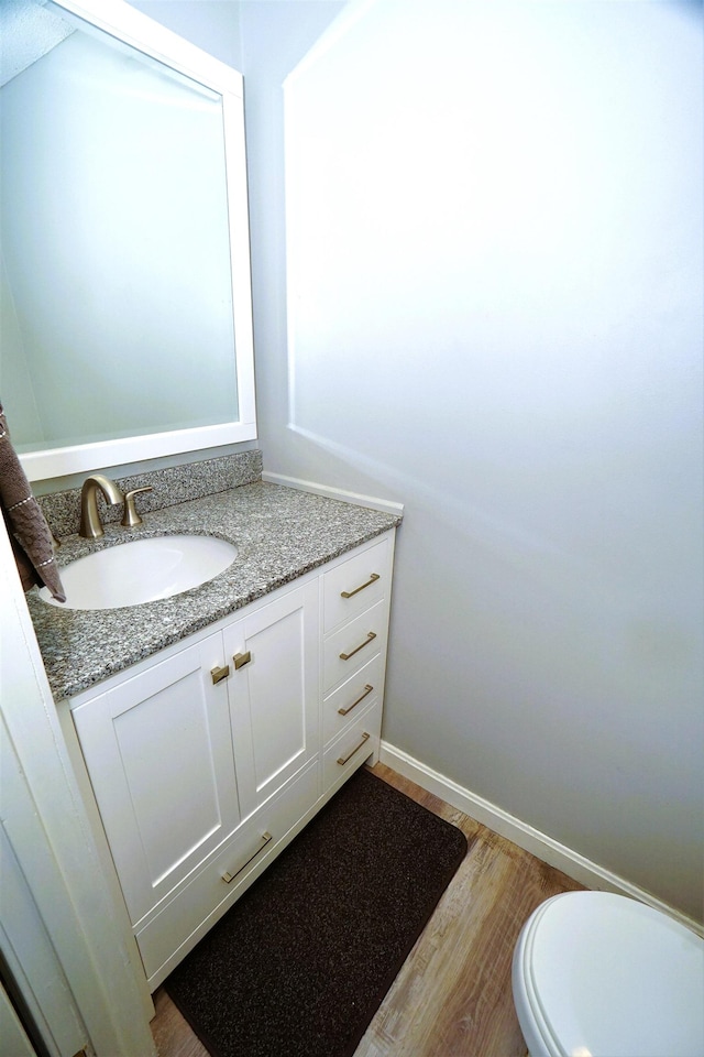 bathroom with toilet, vanity, and wood-type flooring