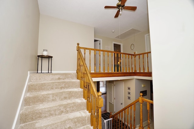 staircase featuring ceiling fan