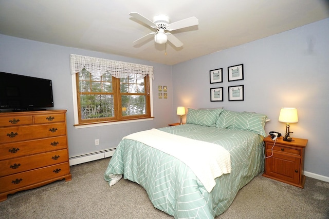 carpeted bedroom featuring ceiling fan and a baseboard radiator