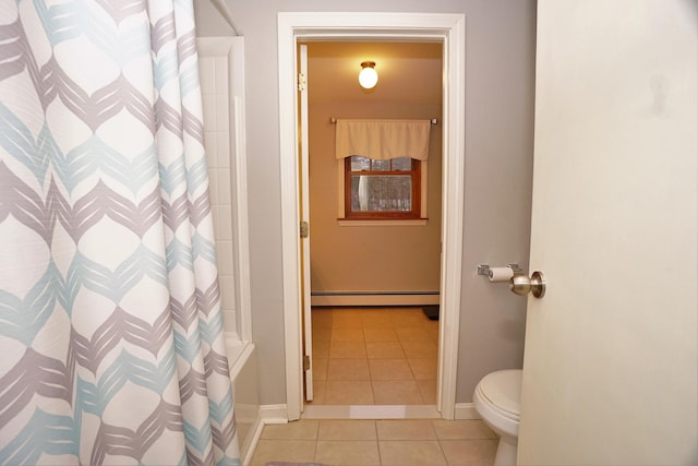 bathroom with toilet, tile patterned flooring, a baseboard radiator, and a shower with curtain